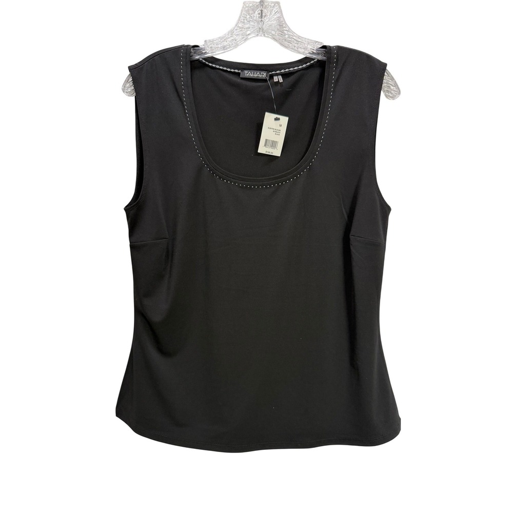 Tahari NEW Elektra Blouse Black Sleeveless Beaded Scoop Neck Top SZ M Work Layer